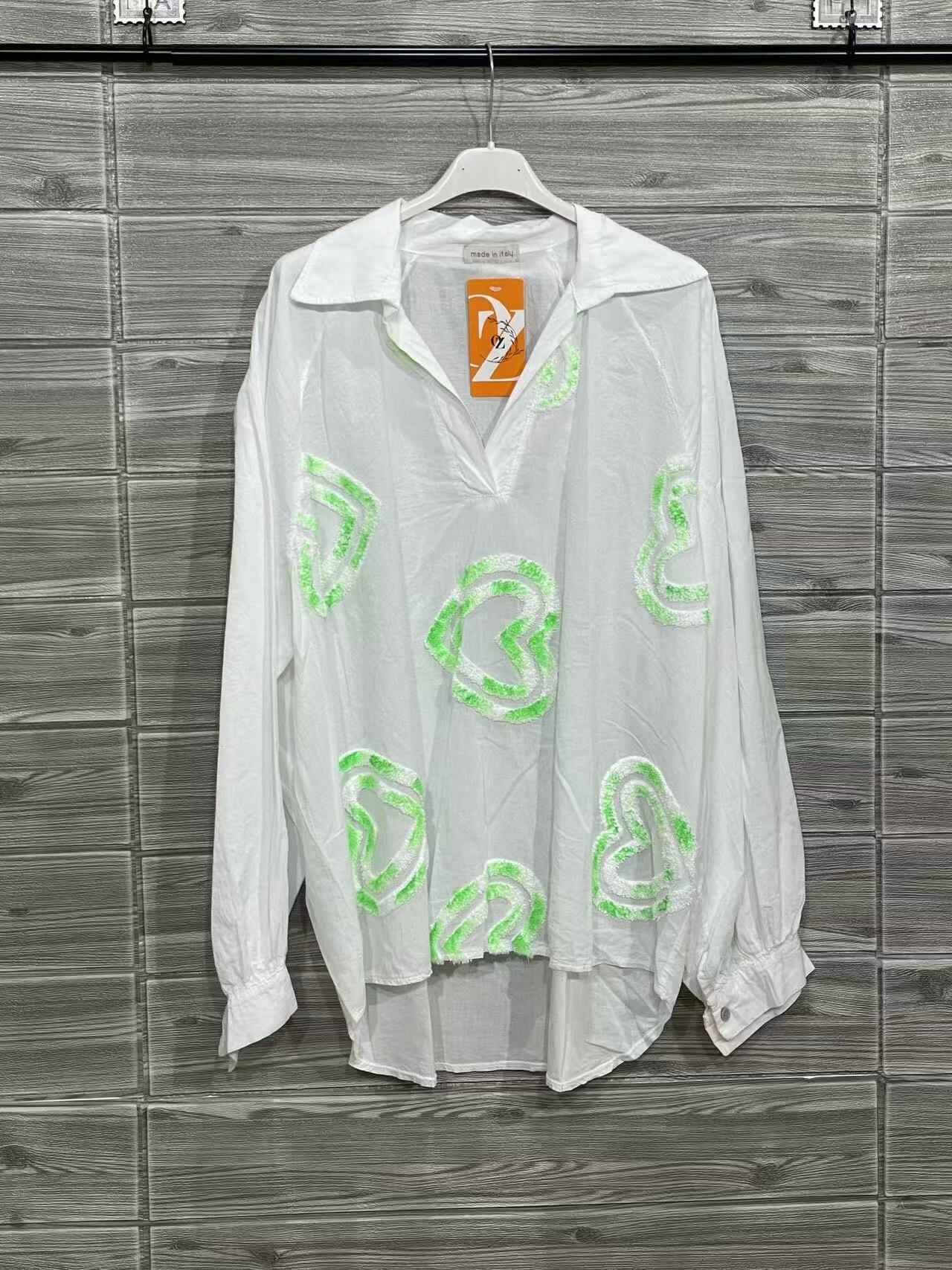 ZOHES1LG Heart Embroidered Cotton Shirt Light Green