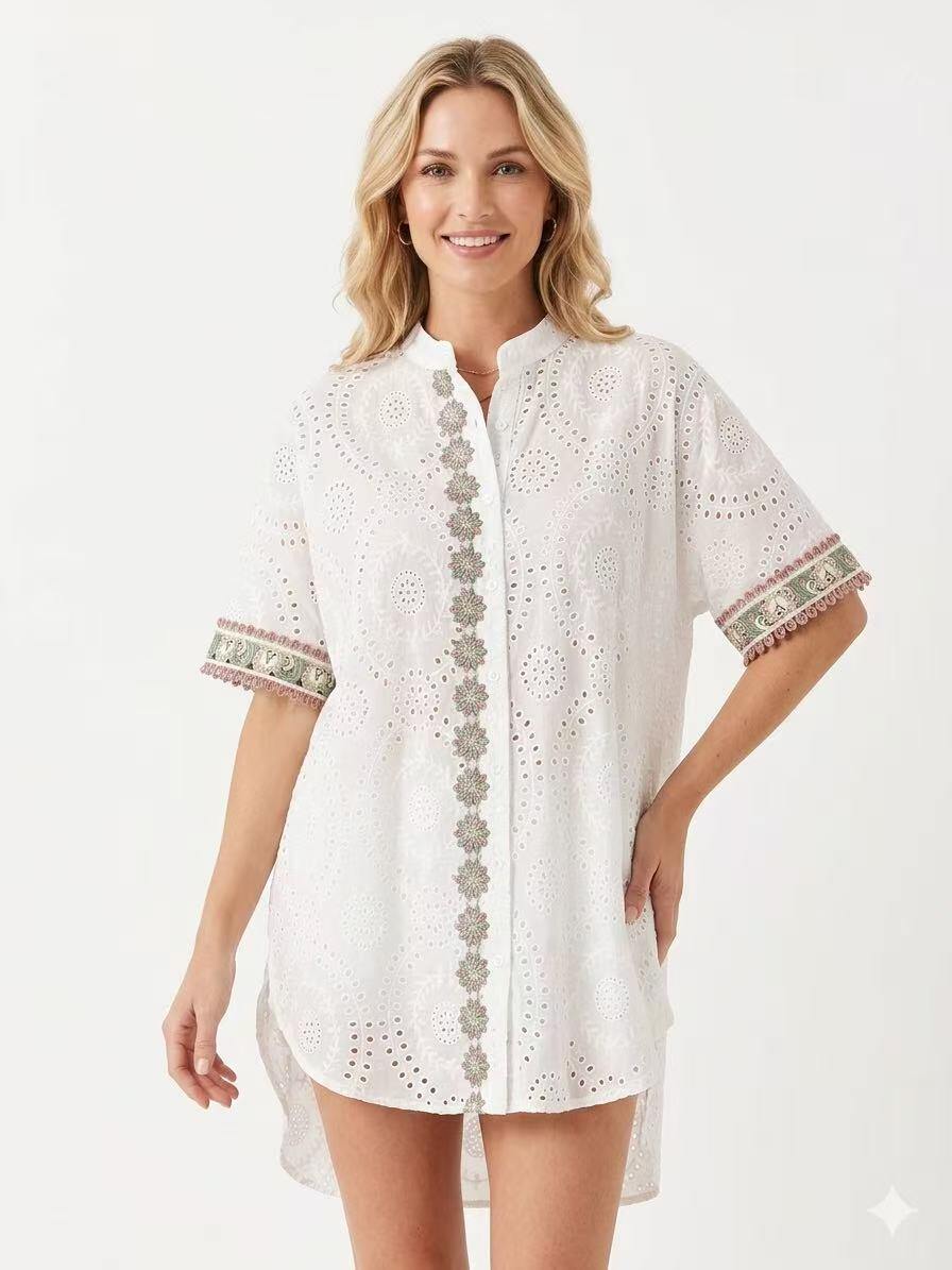 ZOEMBWH White Embroidered Cotton Shirt White