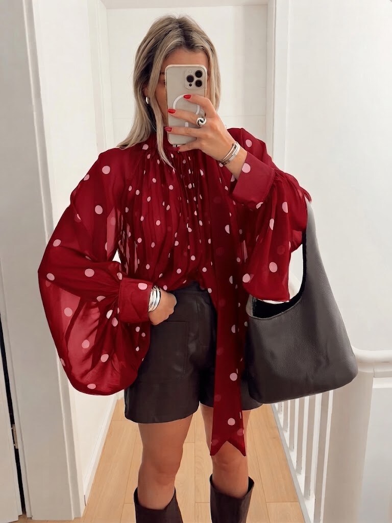 ESTSH2 Burgundy Pleated Polka Dot Shirt