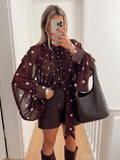 ESTSH3 Chocolate Pleated Polka Dot Shirt