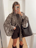 ESTSH4 Taupe Pleated Polka Dot Shirt