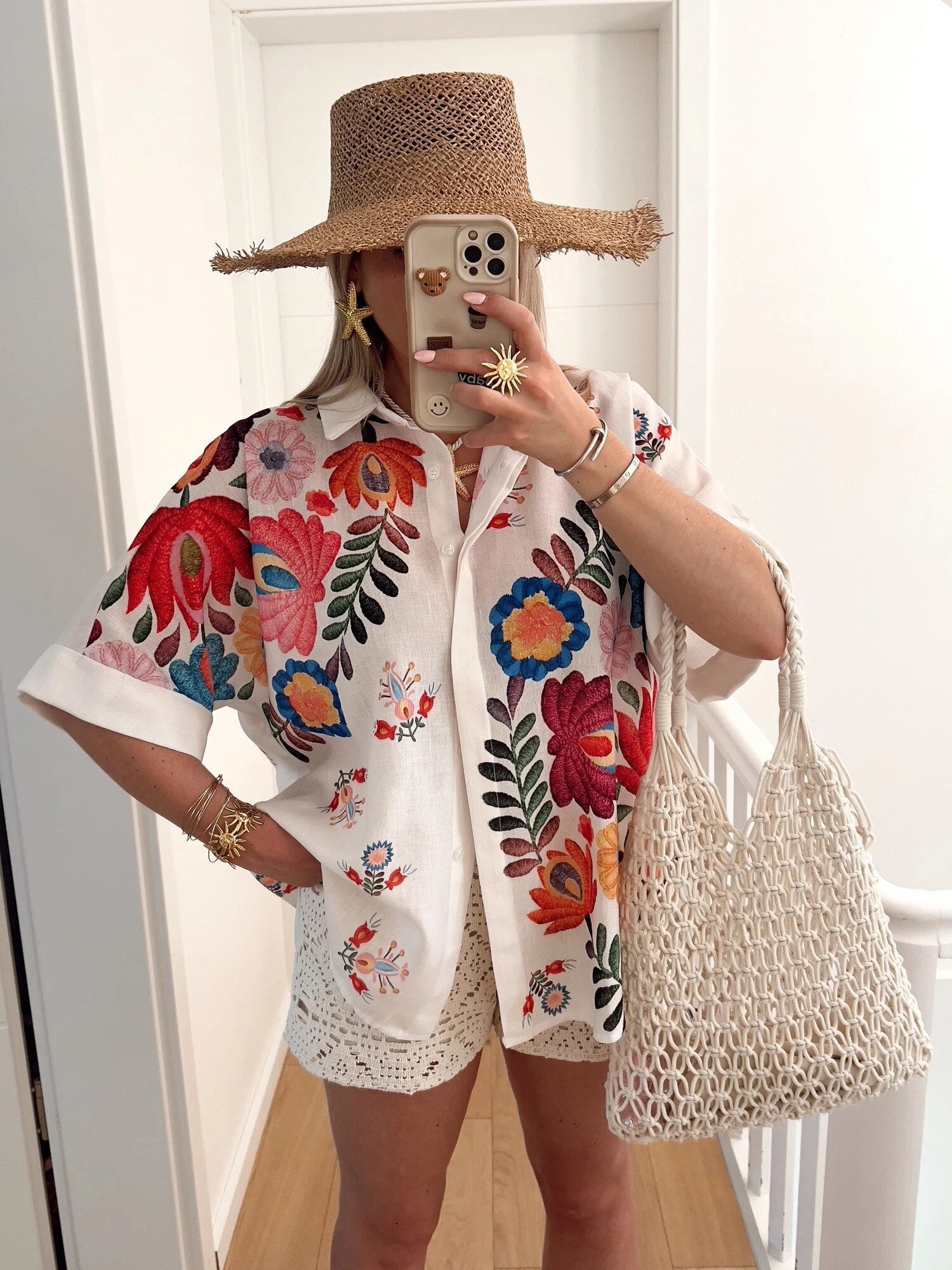 ESTFPWH Floral Print Cotton Oversize Shirt White