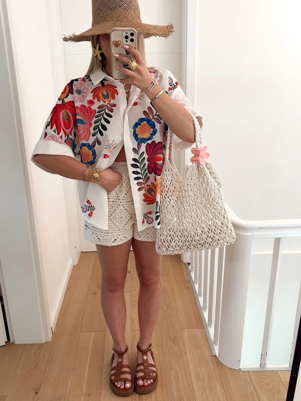 ESTFPWH Floral Print Cotton Oversize Shirt White