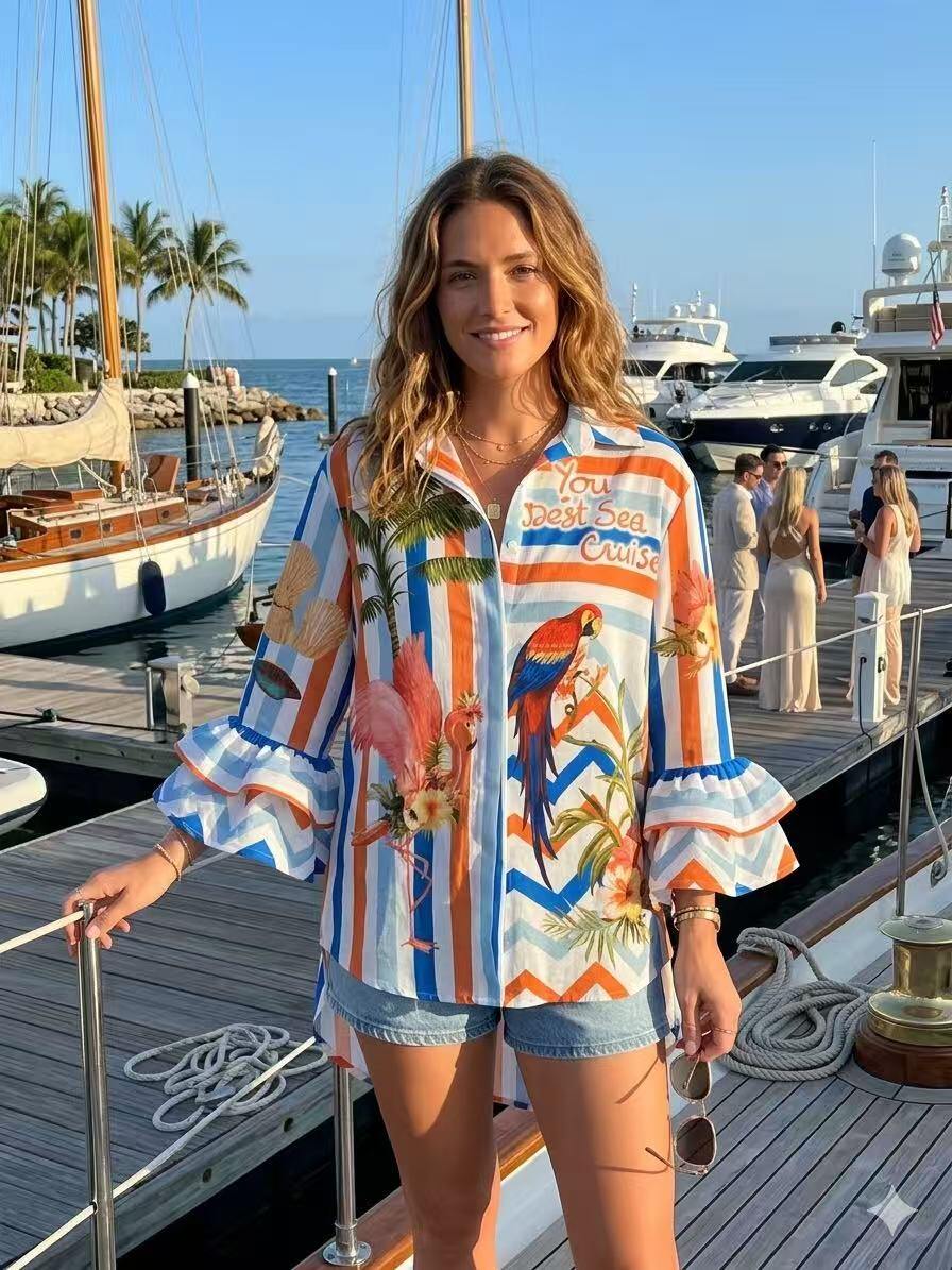 ZOSH10WH Parrot Stripe Print Ruffle Shirt White