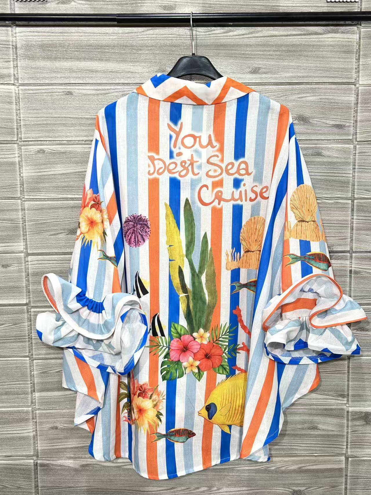 ZOSH10WH Parrot Stripe Print Ruffle Shirt White