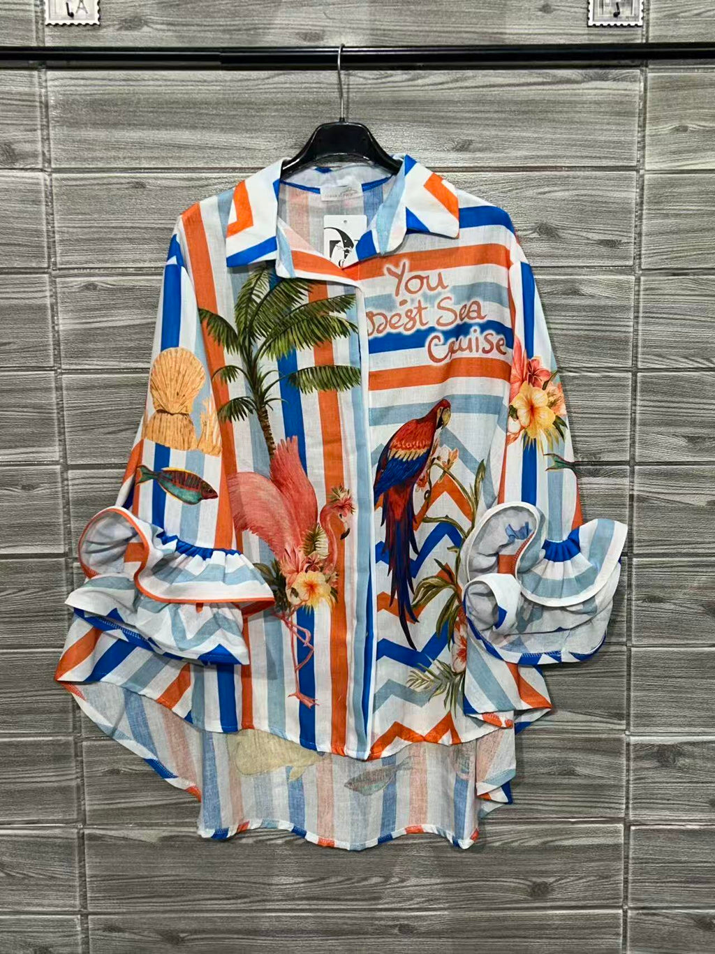 ZOSH10WH Parrot Stripe Print Ruffle Shirt White