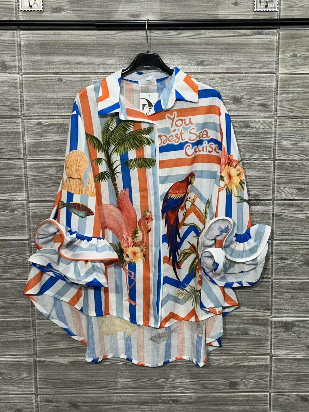 ZOSH10WH Parrot Stripe Print Ruffle Shirt White