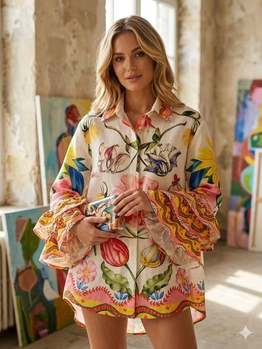 ZOSH9WH Tulip Print Ruffle Blouse White
