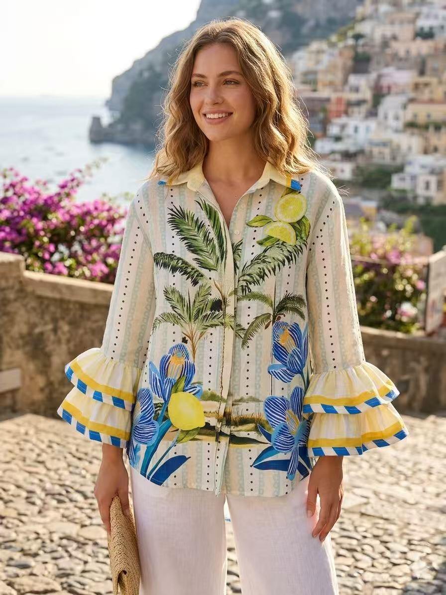 ZOSH8WH Palm Lemon Print Ruffle Shirt White