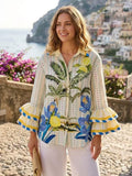 ZOSH8WH Palm Lemon Print Ruffle Shirt White