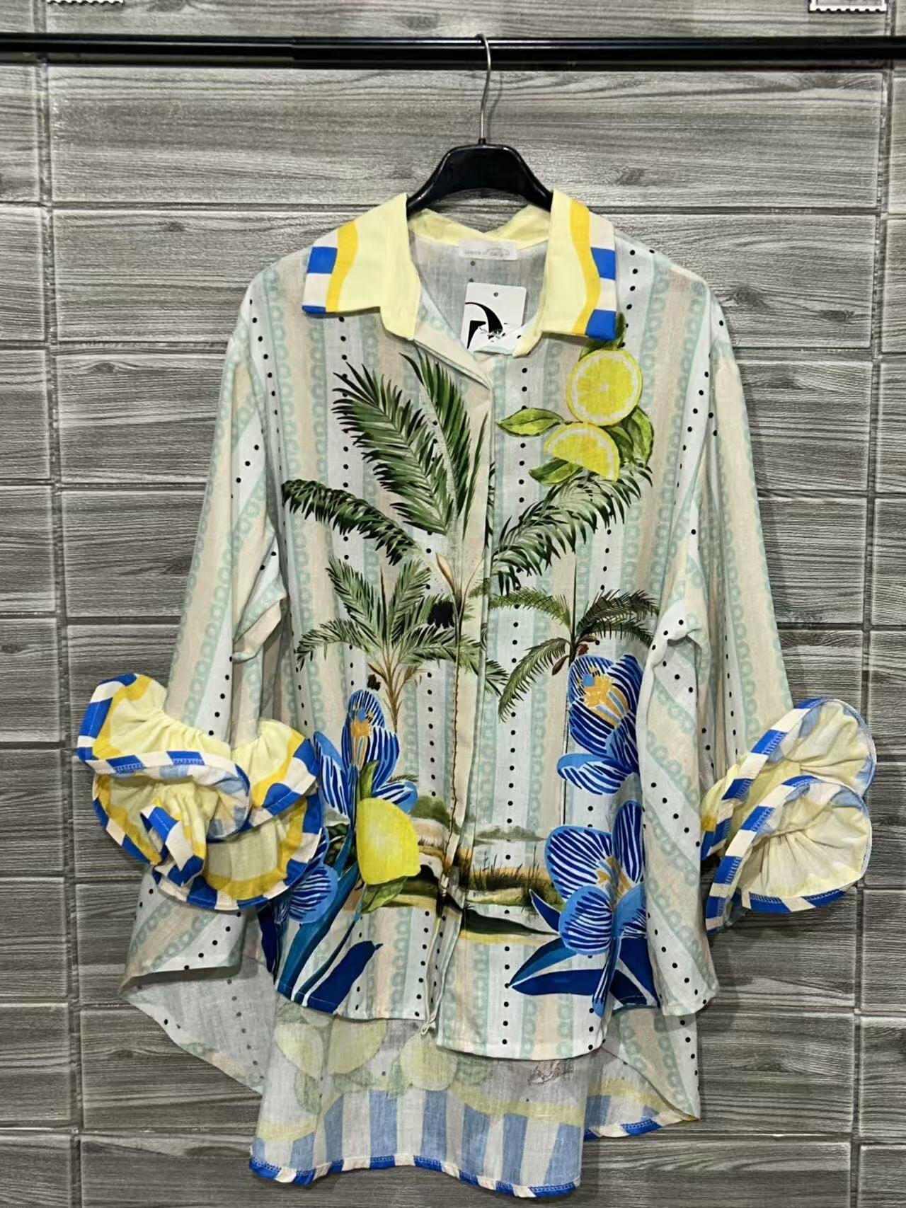 ZOSH8WH Palm Lemon Print Ruffle Shirt White