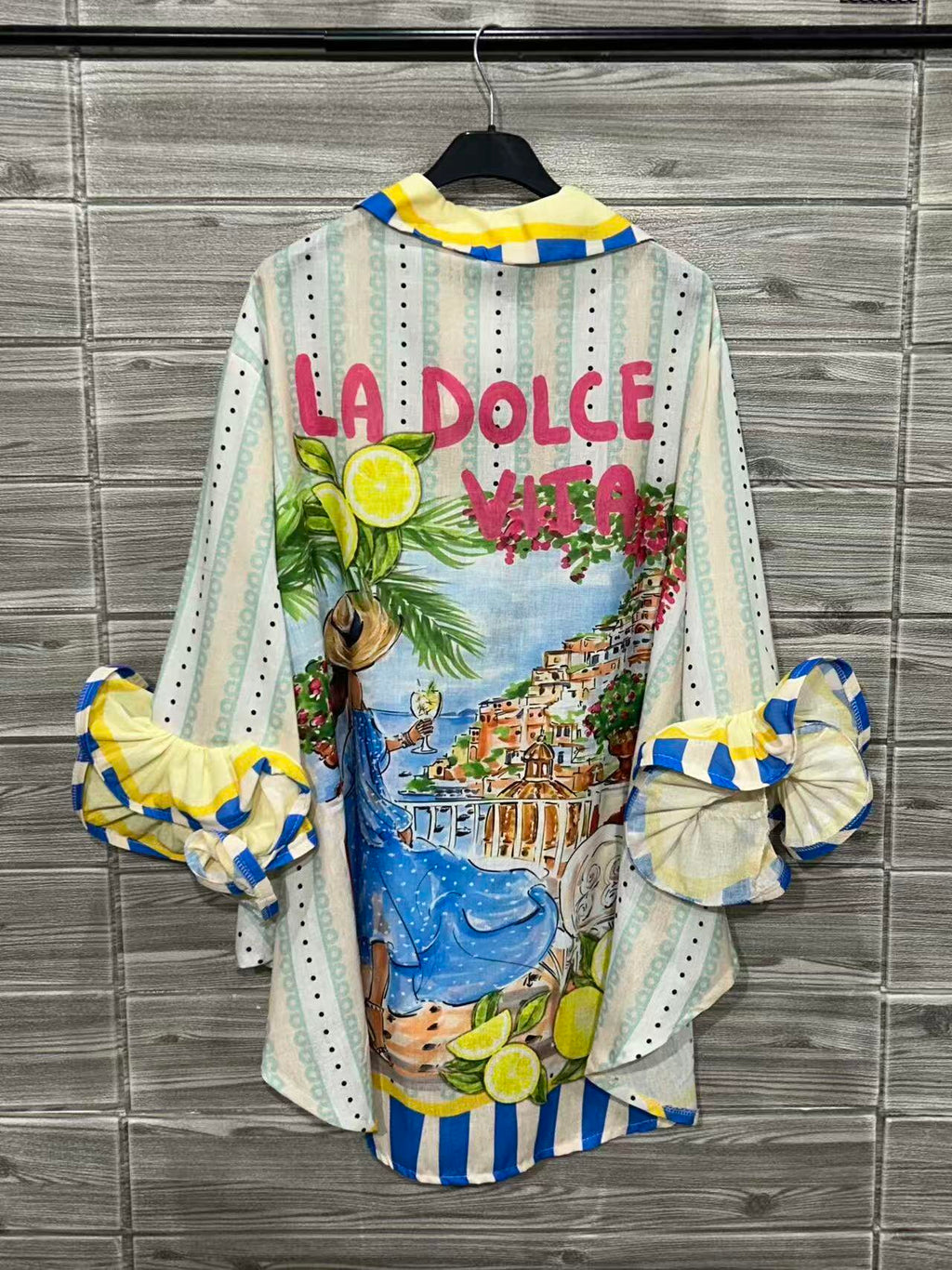 ZOSH8WH Palm Lemon Print Ruffle Shirt White