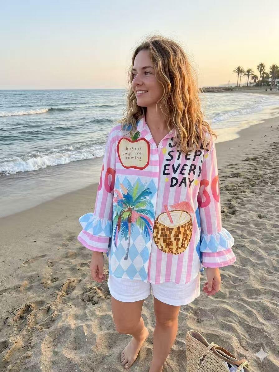 ZOSH11WH Beach Postcard Print Ruffle Blouse White