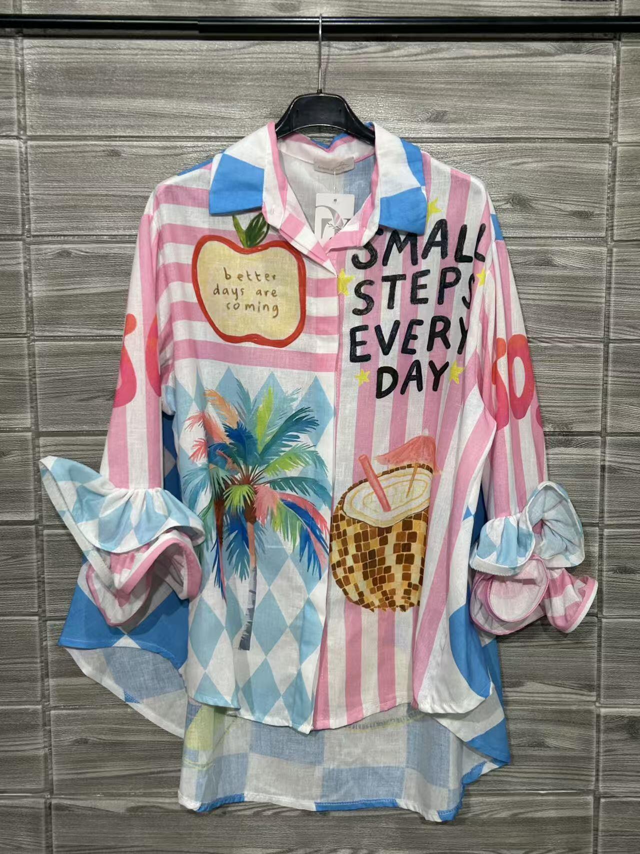 ZOSH11WH Beach Postcard Print Ruffle Blouse White
