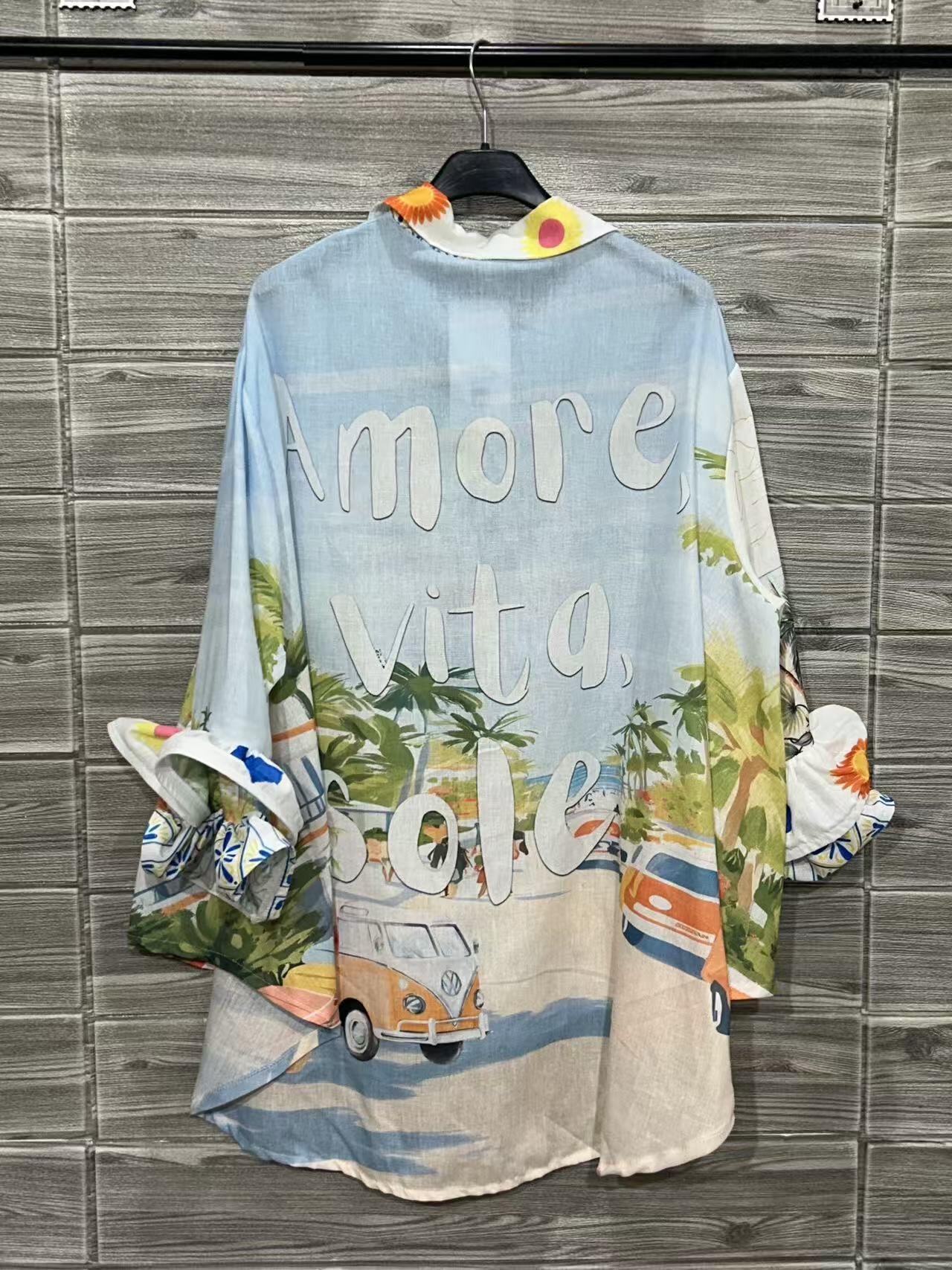 ZOSH7WH Riviera Cocktail Print Ruffle Shirt White