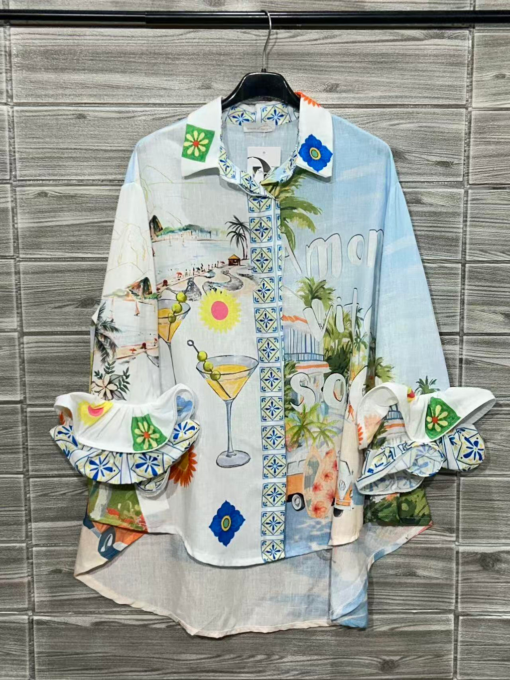 ZOSH7WH Riviera Cocktail Print Ruffle Shirt White
