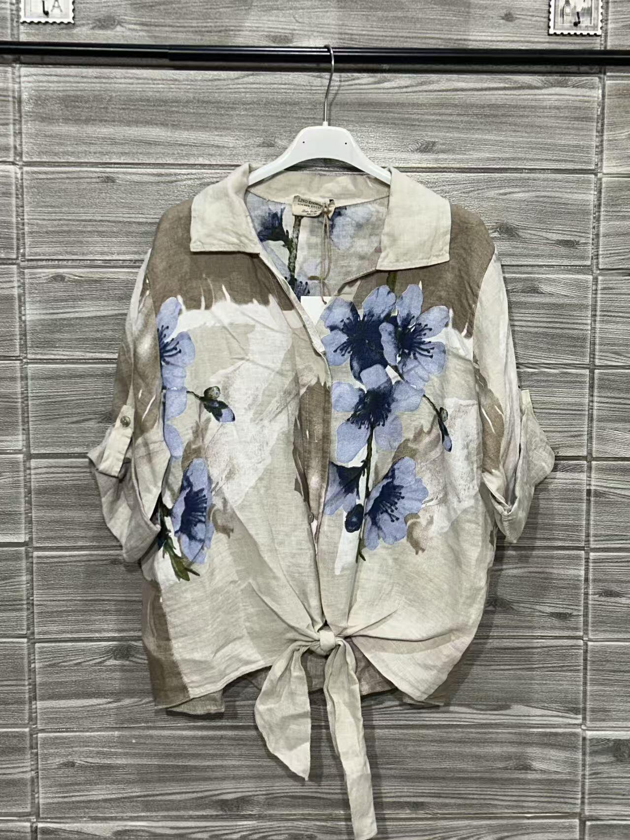 ZOPLSH1EC Watercolor Floral Linen Shirt Ecru