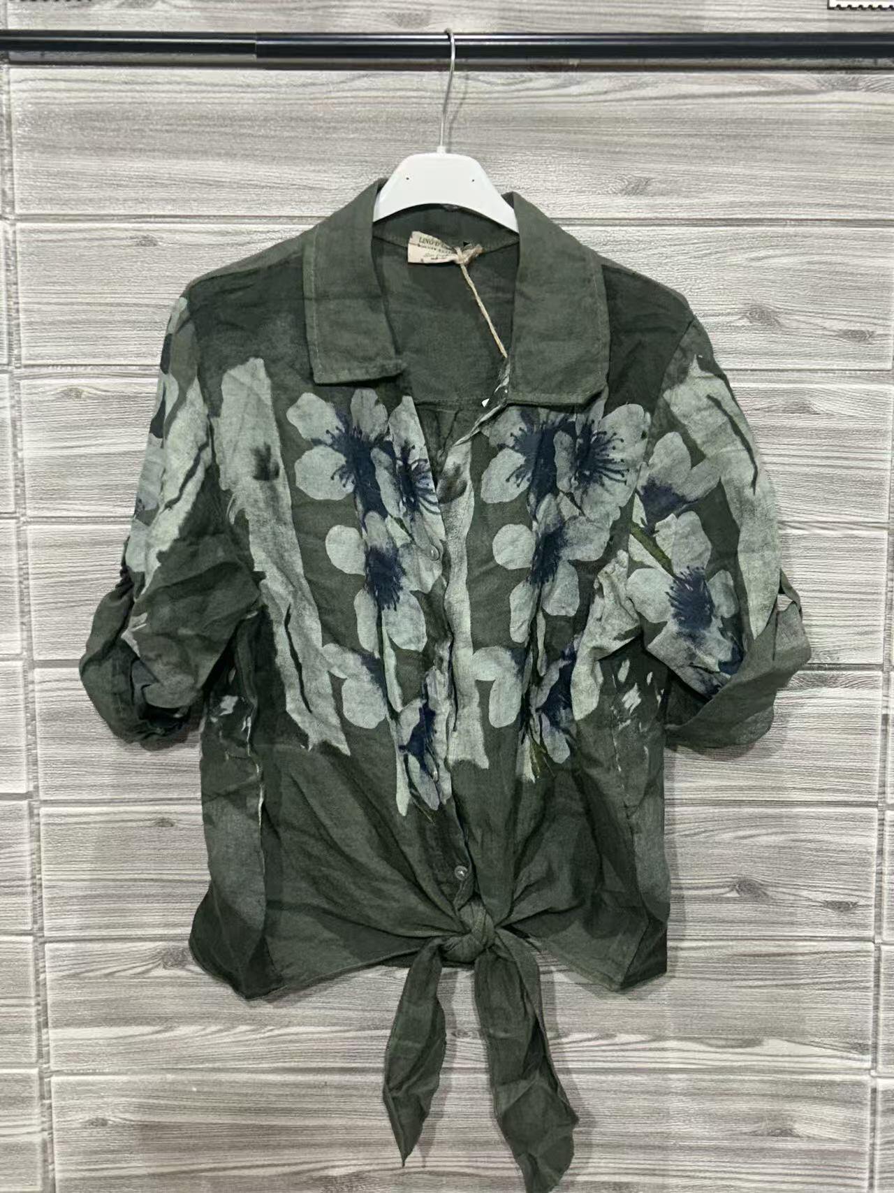 ZOPLSH1KH Watercolor Floral Linen Shirt Khaki