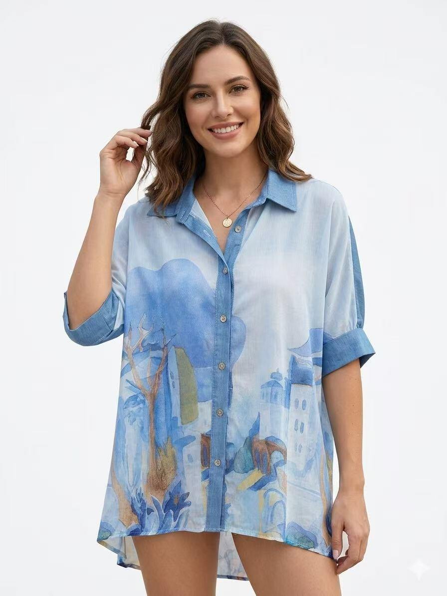 ZOPTSSB Printed Tencel Shirt Sky Blue