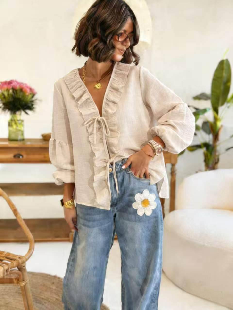 ESTLBBE Linen-Effect Cotton Bow Blouse Beige