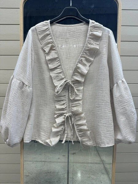 ESTLBBE Linen-Effect Cotton Bow Blouse Beige