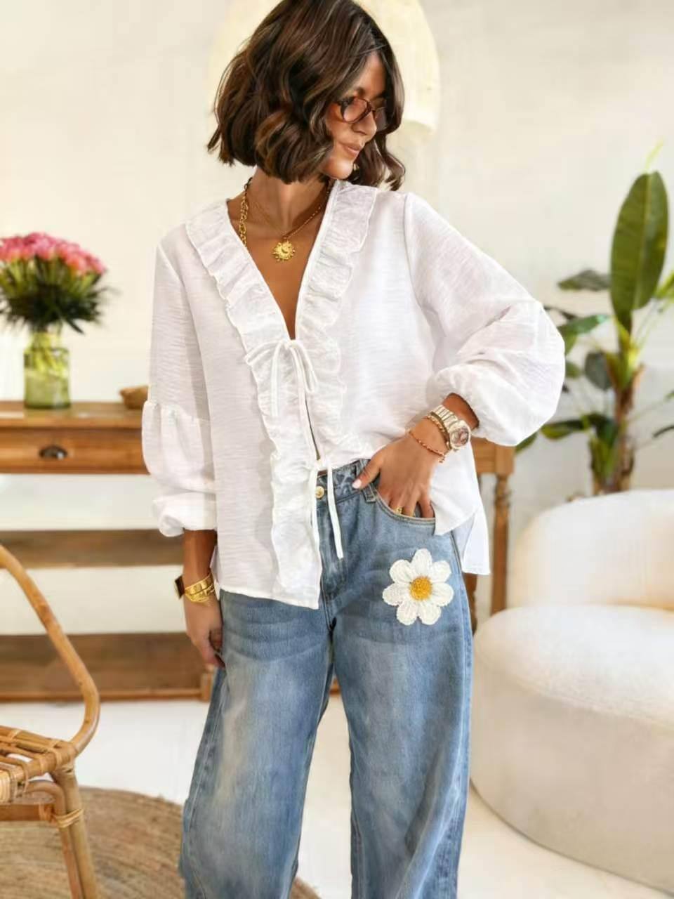 ESTLBWH Linen-Effect Cotton Bow Blouse White