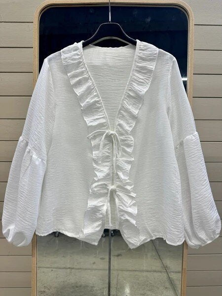 ESTLBWH Linen-Effect Cotton Bow Blouse White