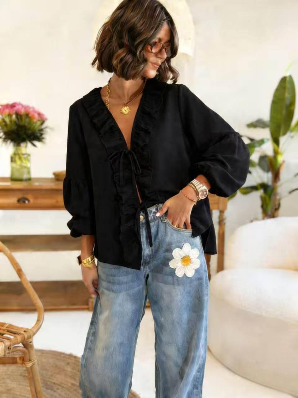 ESTLBBK Linen-Effect Cotton Bow Blouse Black
