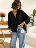 ESTLBBK Linen-Effect Cotton Bow Blouse Black