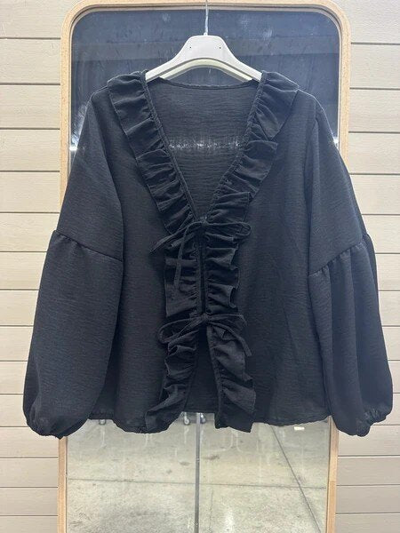 ESTLBBK Linen-Effect Cotton Bow Blouse Black