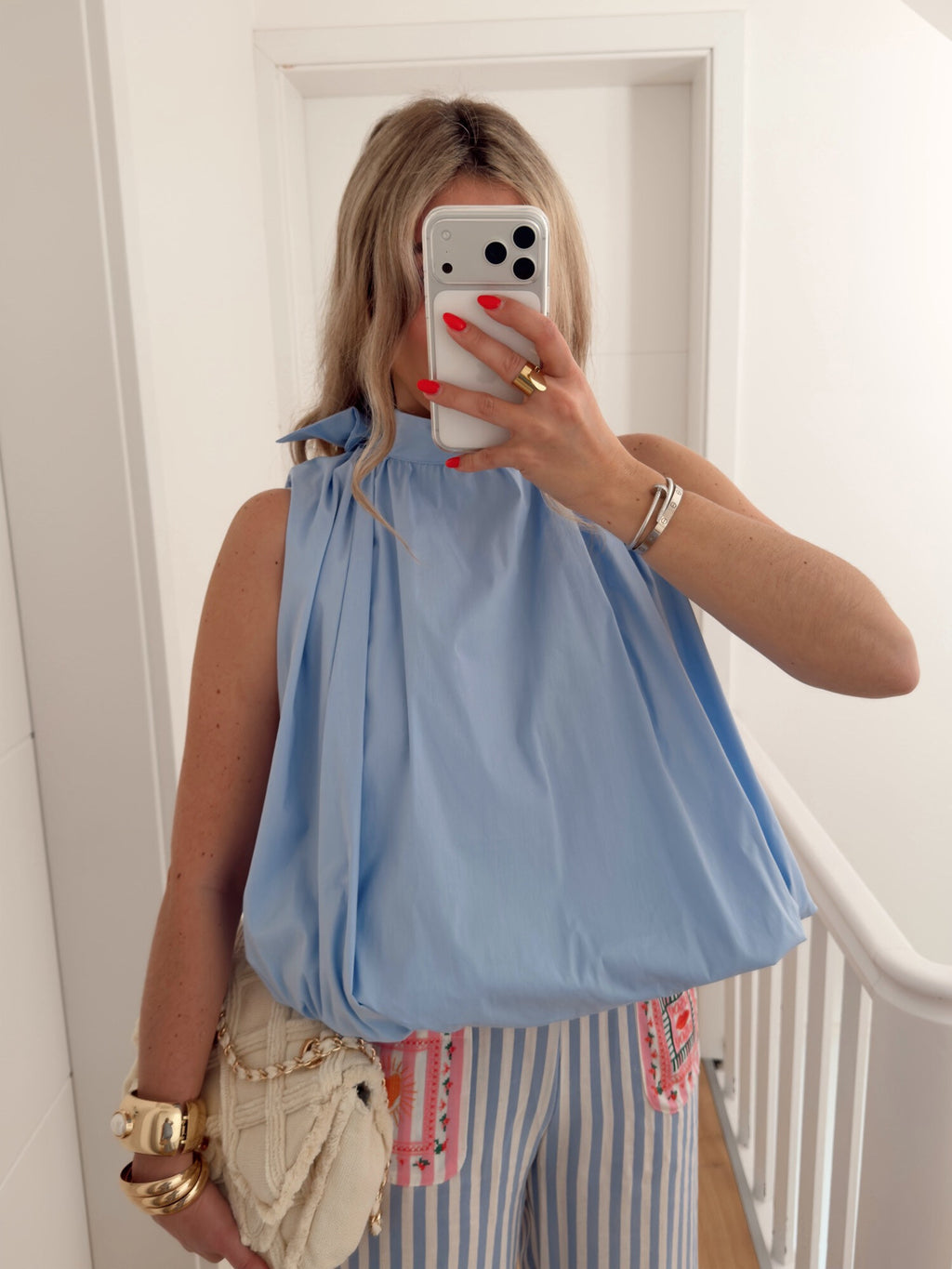 ESTBASB Sleeveless Cotton Balloon Blouse Sky Blue