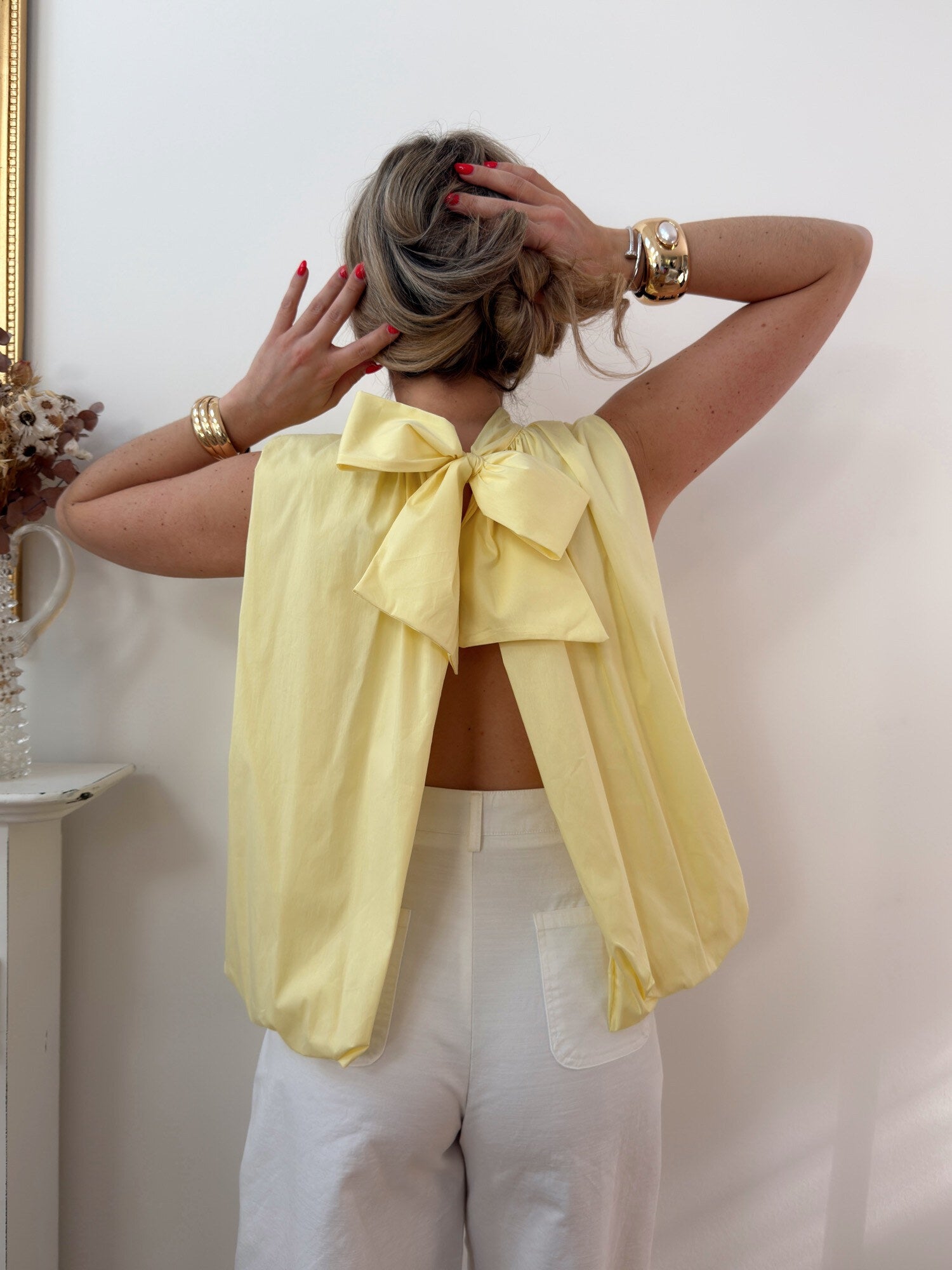ESTBALY Sleeveless Cotton Balloon Blouse Light Yellow