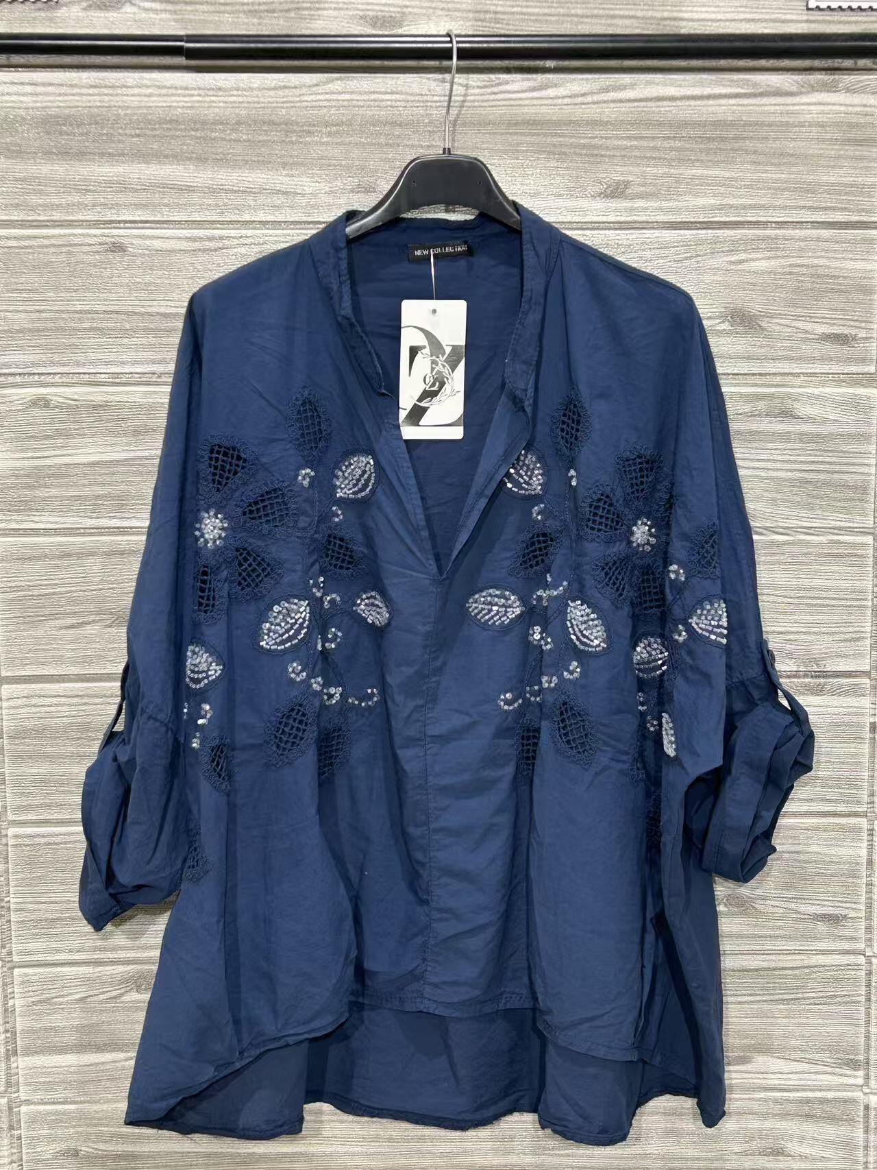 ZOBL1DB Yellow Embroidered Cotton Blouse Dark Blue