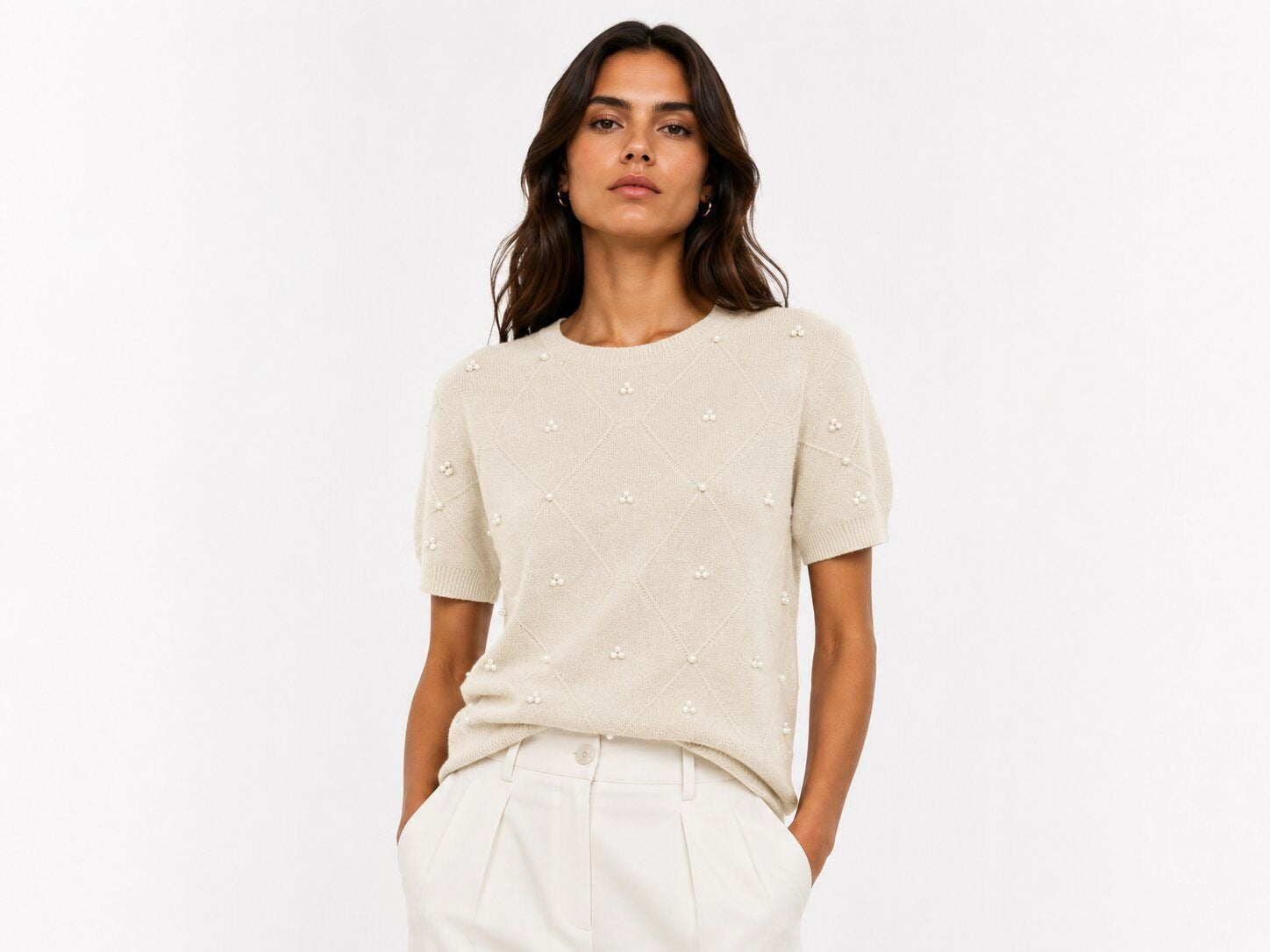 LUBDS5 Ecru Beaded Diamond Sweater