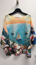 VIBOA Blue Boat Knit Printed Sweater 3/4 sleeves