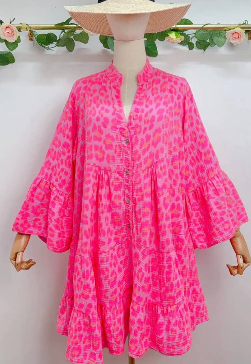 SVO27 Fuchsia One Size Italian Leopard Short Printed Dress