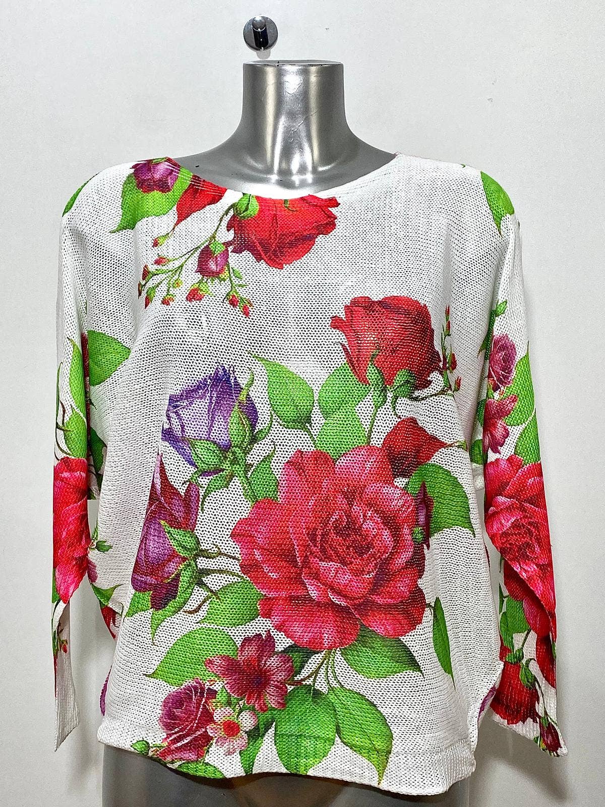 CROS White Red Floral Round Knit Printed Sweater LOOWIE