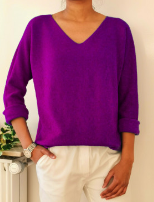 Z811 Italian One Size Purple V-Neck Knit Soft Sweater LOOWIE