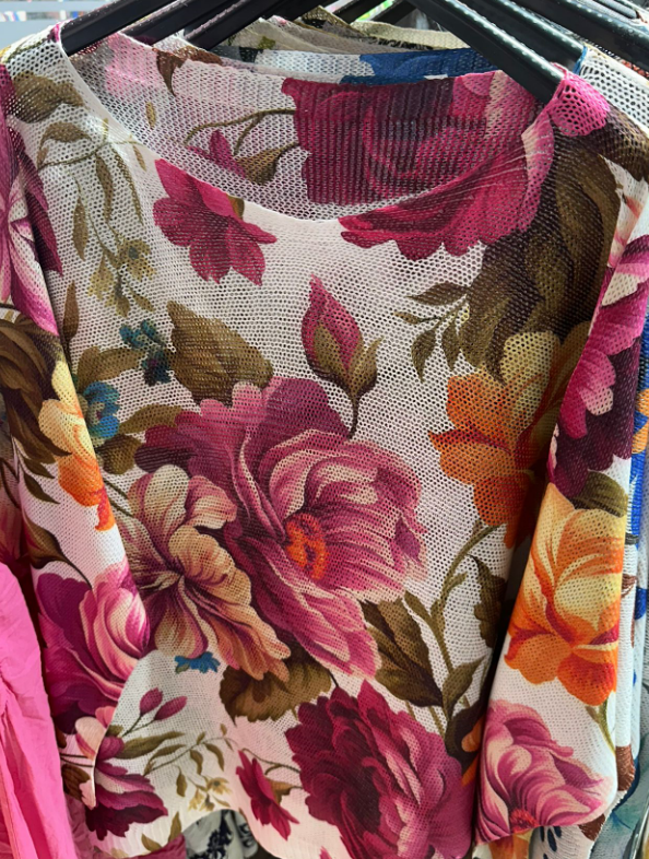 CFLOF Fuchsia Floral Round Neck Knit Printed Sweater