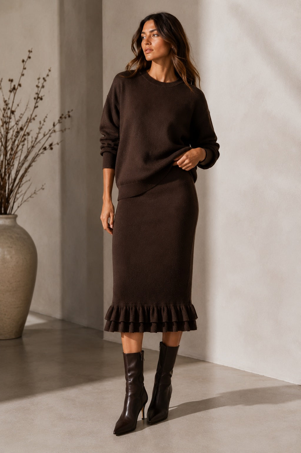 LULKS5 Dark Brown Tiered Ruffle Skirt