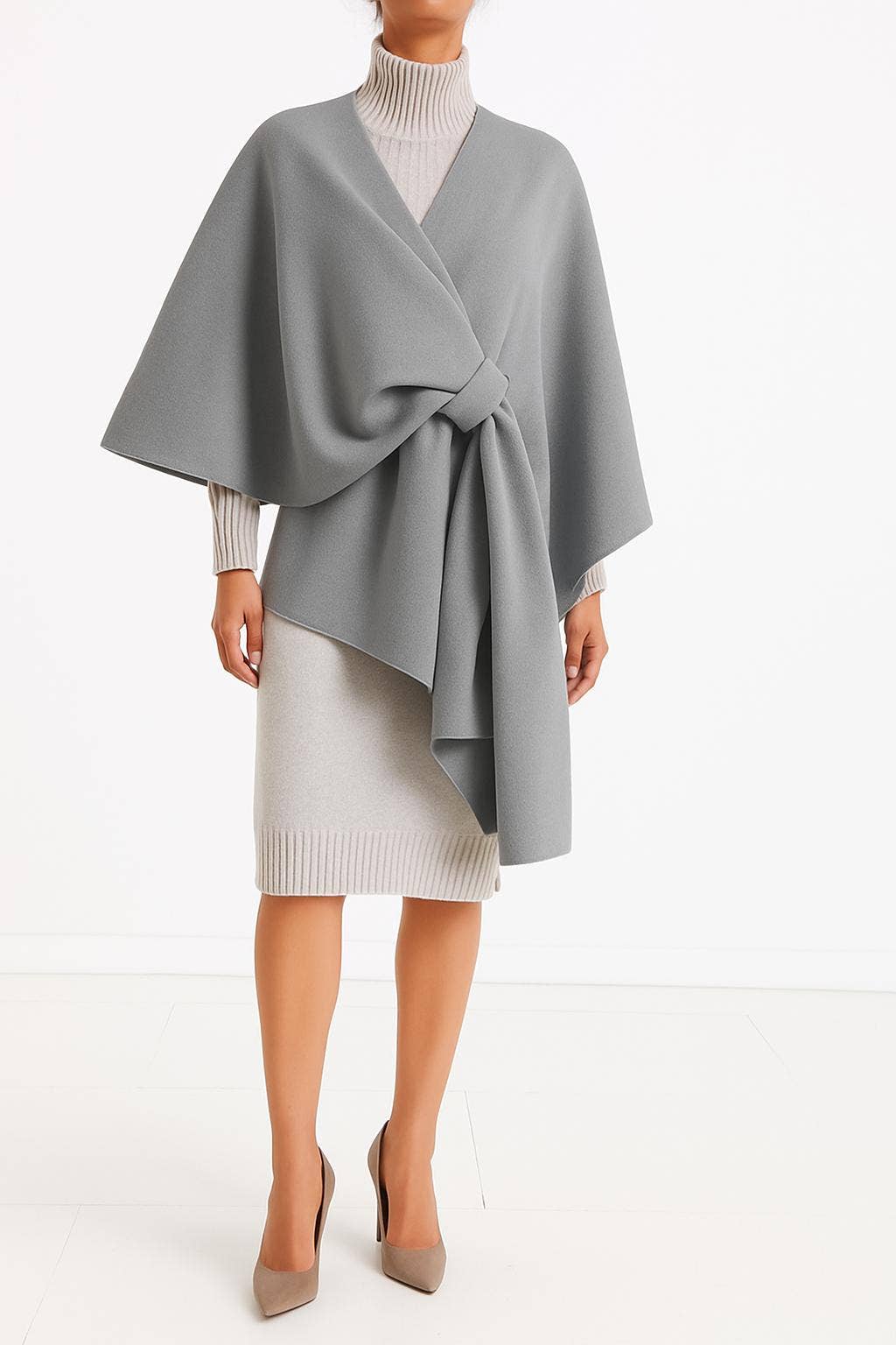 VIPOGRA Italian Gray Large Poncho w/ Knot Closure