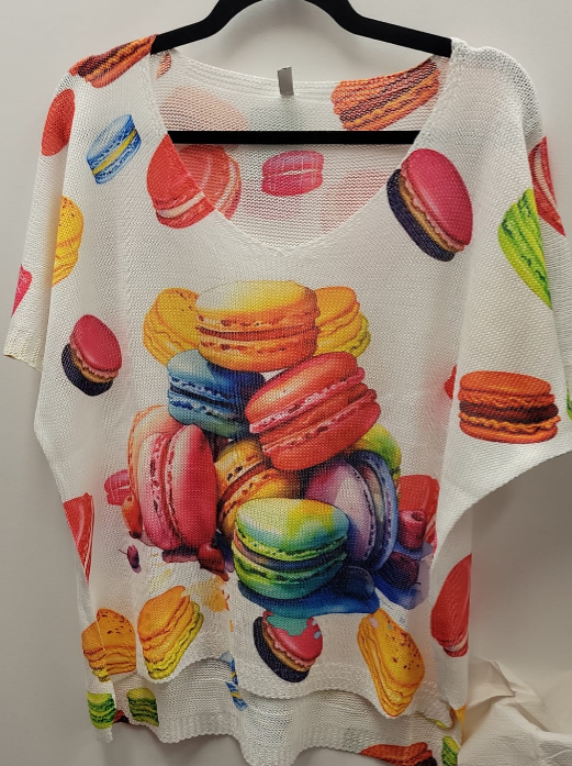 ZAMA White Multi Macaroon Knit Printed Sweater Short Sleeves