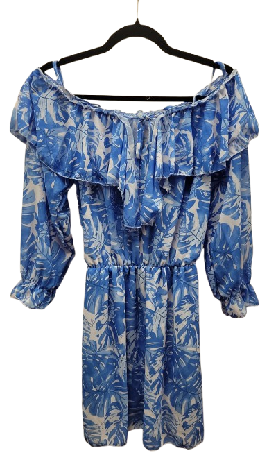 UN3 Off-the-Shoulder Blue Tropical Print Dress with Ruffles