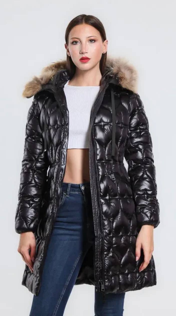 509 Black Hearts Warm Long Puffer Coat Jacket Fur Hood