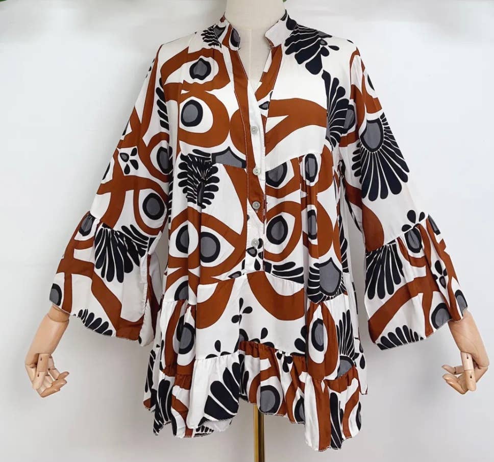 VSA7 Brown Italian One Size Abstract Large Blouse LOOWIE