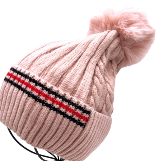 Pink 5610 Striped Fake Fur Pom Beanie Hat LOOWIE