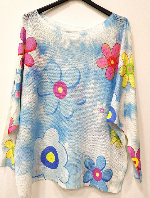 912 Blue Daisy Floral Round Knit Printed Sweater LOOWIE