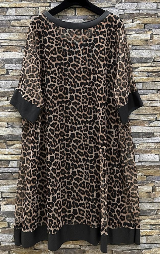E724L Leopard Print Dress with Vegan Leather Trim One Size