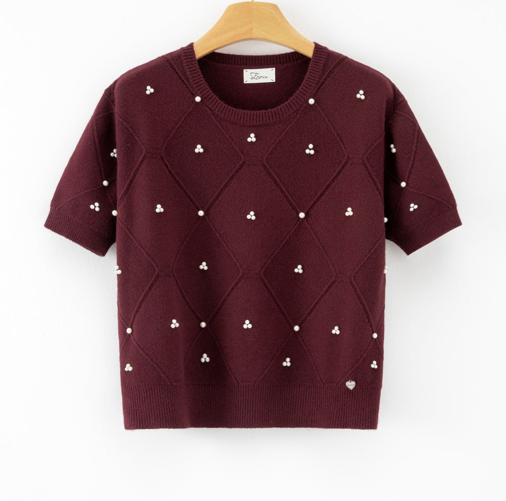 LUBDS6 Burgundy Beaded Diamond Sweater