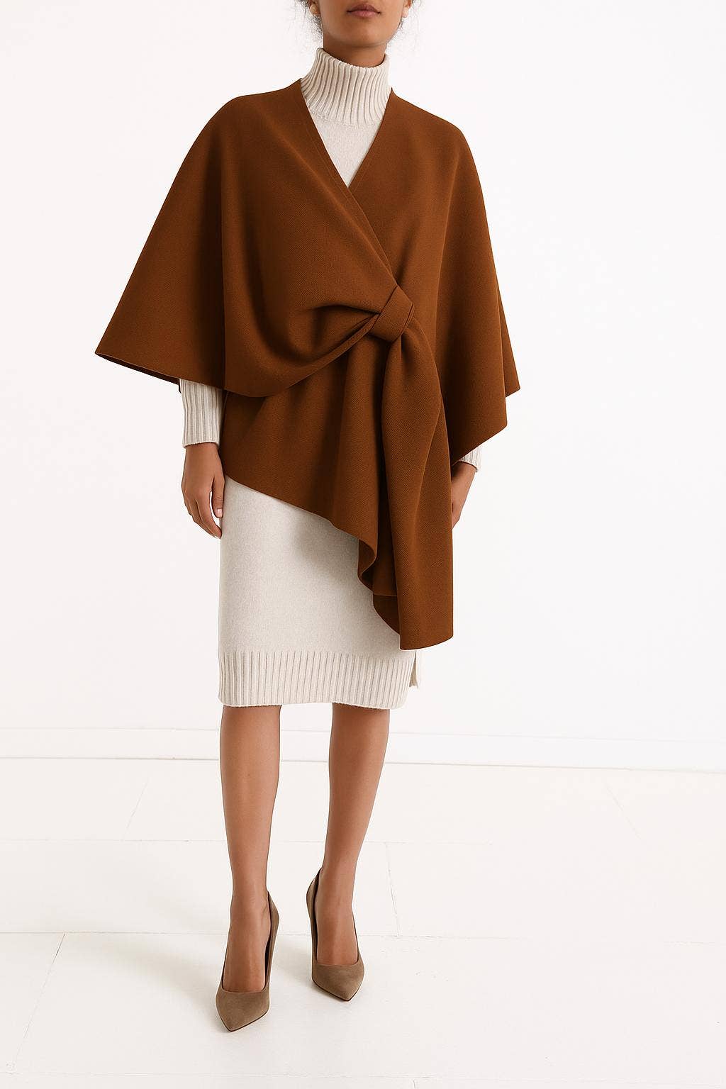 VIPOBR Italian Brown Large Poncho w/ Knot Closure  LOOWIE